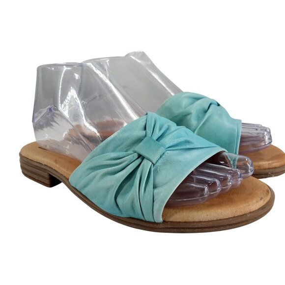 Miz Mooz Daisey Blue Leather Bow Sandals Size 38 Wide US 7.5-8 Slide Ruched - Picture 1 of 16